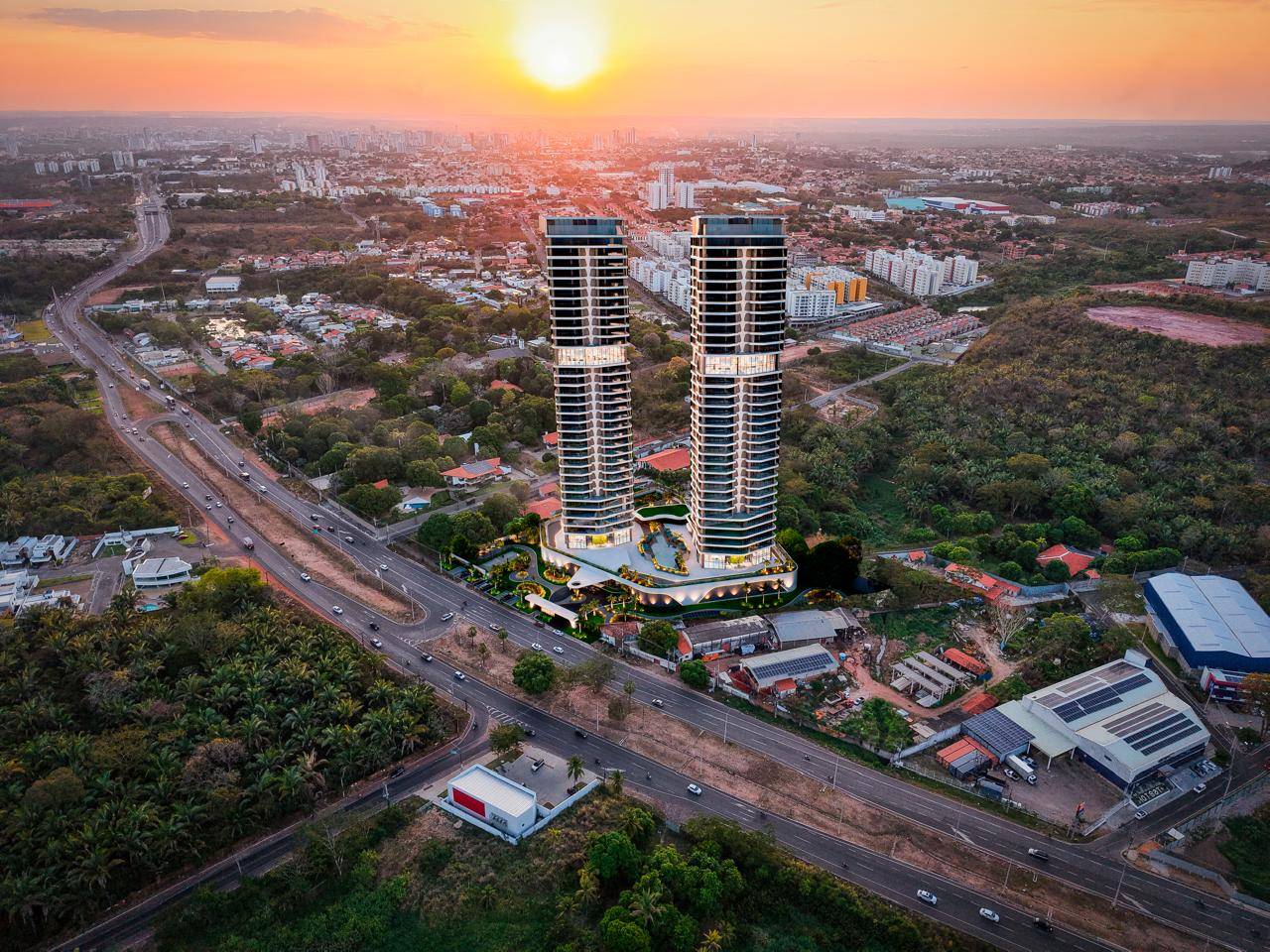 Render aéreo das duas torres do The Towers ao entardecer em Teresina